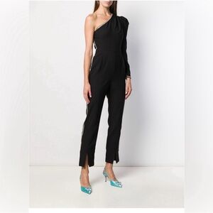 Self-Portrait One-Shoulder Black Jumpsuit with Crystal Trim size 4